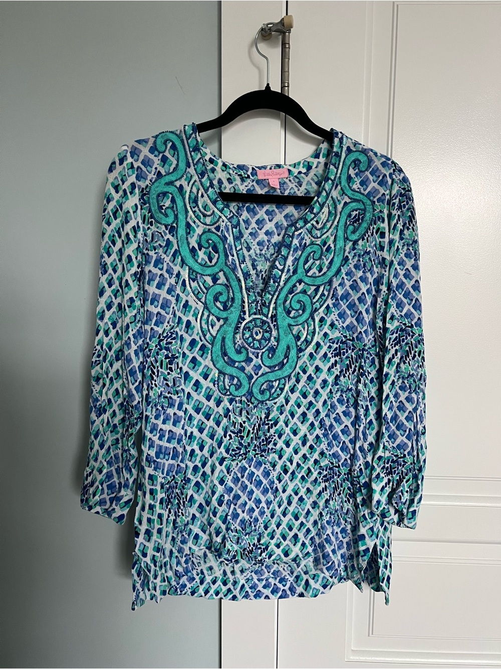 Lilly Pulitzer Blue & Teal Embroidered V-Neck Tunic